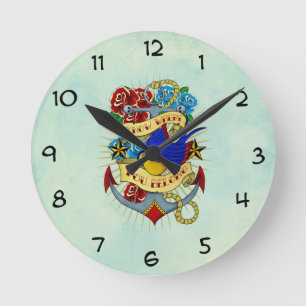 Relógio Redondo Âncora, andorinha e rosas