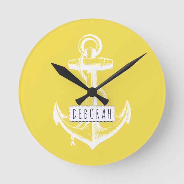 Relógio Redondo Âncora de colheita e nome amarelo náutico (Frente)