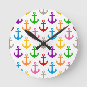 Relógio Redondo Âncora de Navio Design Colorido Branco