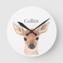 Relógio Redondo Animais Florestais Nome do Veado de Aquarela