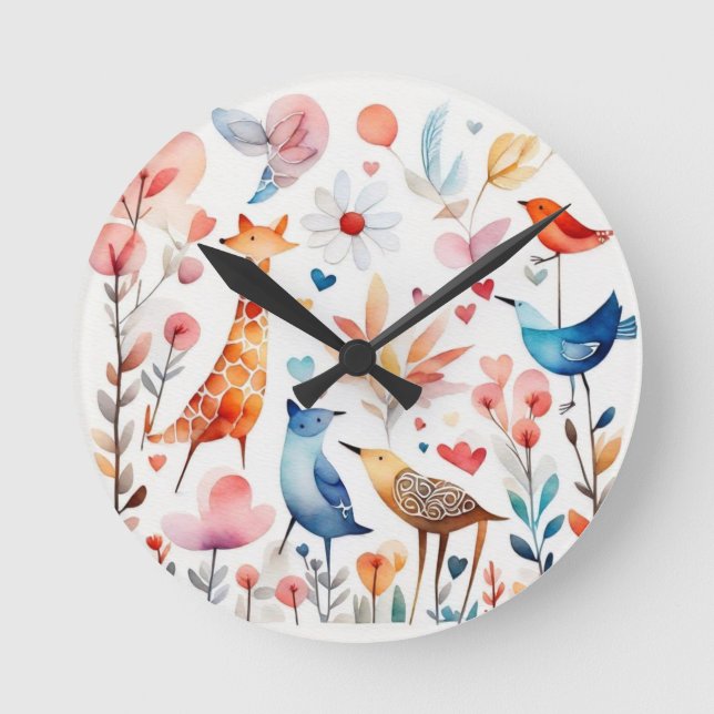 Relógio Redondo Animais lindos no jardim (Frente)