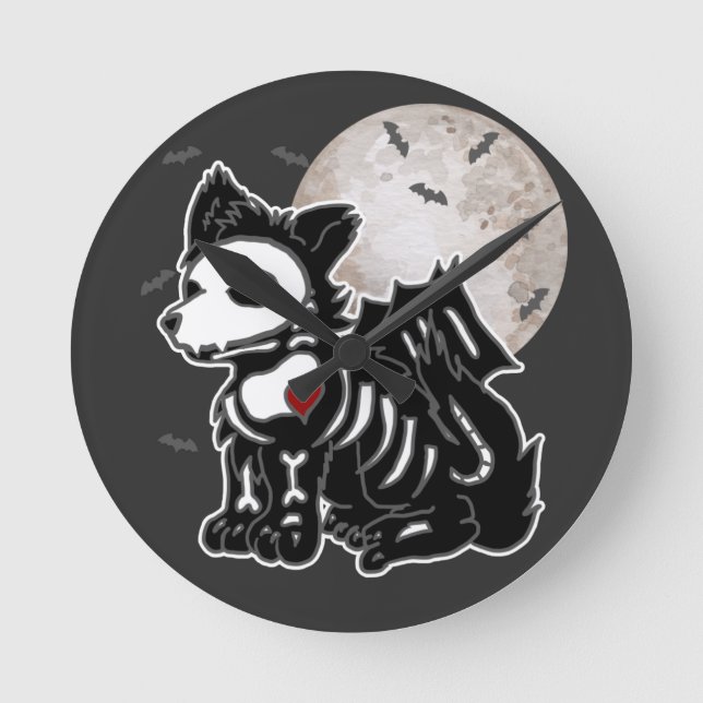 Relógio Redondo Anime Wolf Emo Gótico Edgy Skeleton Halloween Dog  (Frente)