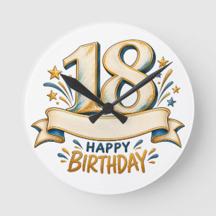 Relógio Redondo Aniversário de 18 anos personalizado em dourado e