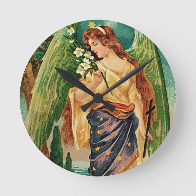 Relógio Redondo Anjo segurando um galho floral (Frente)