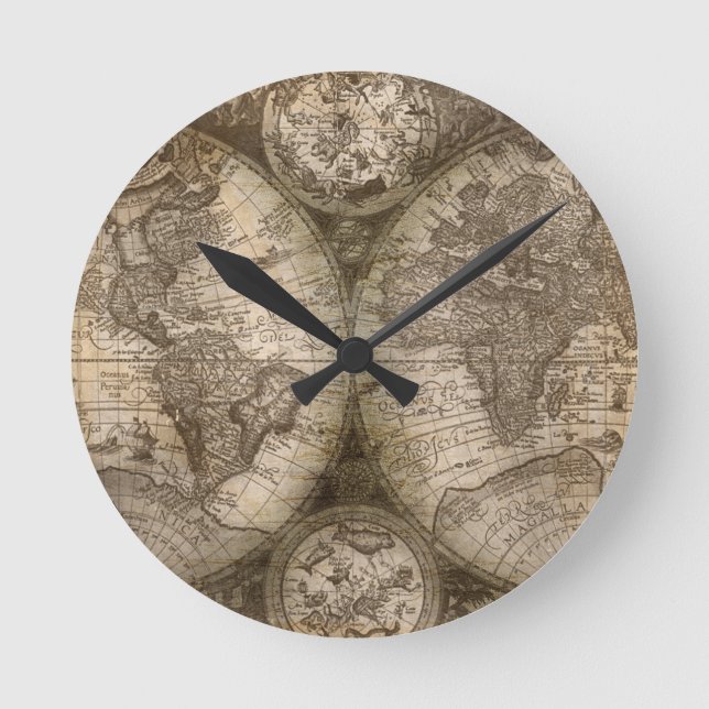 Relógio Redondo Antigos Continentes de Mapa do Atlas do Velho Mund (Frente)