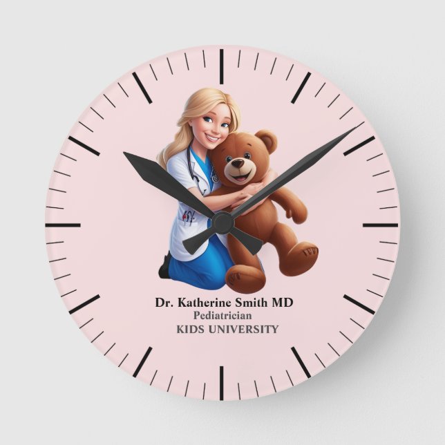 Relógio Redondo antistress pediatrician teddy bear pink university (Frente)