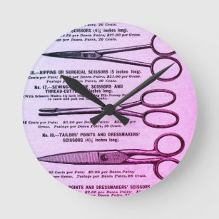 Relógio Redondo Anúncio de Tesoura Vintage Rosa