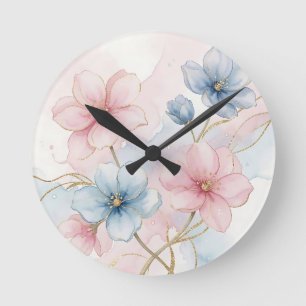 Relógio Redondo Aquarela Floral Rosa Azul Elegante