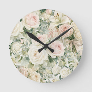 Relógio Redondo Aquarela Floral Vintage Rosa Choque e Lírio