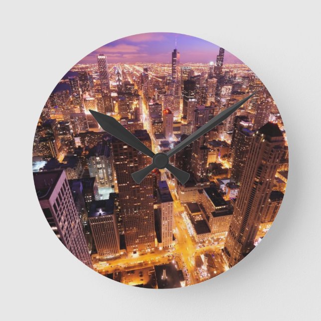 Relógio Redondo Arquitectura da cidade na noite de Chicago (Frente)