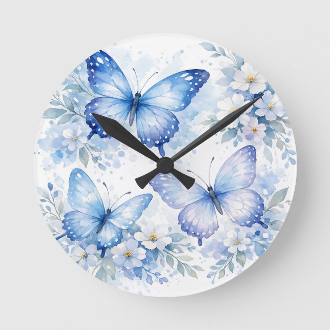 Relógio Redondo Arranjo Floral Borboleta Azul (Frente)