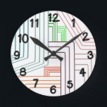 Relógio Redondo Art Deco Lines Round Clock<br><div class="desc">Este relógio de parede tem um design de arte deco de linhas em roxo,  rosa,  laranja e azul.</div>