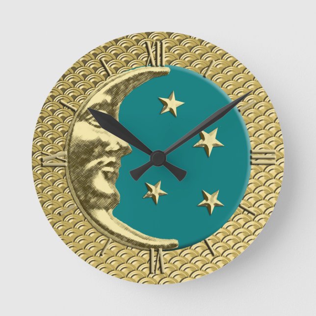 Relógio Redondo Art Deco Moon e Estrelas, Teal e Dourada (Frente)