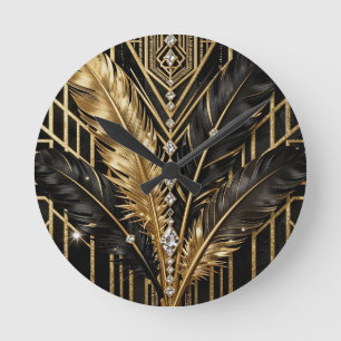 Relógio Redondo Art Deco Preto Dourado Penas