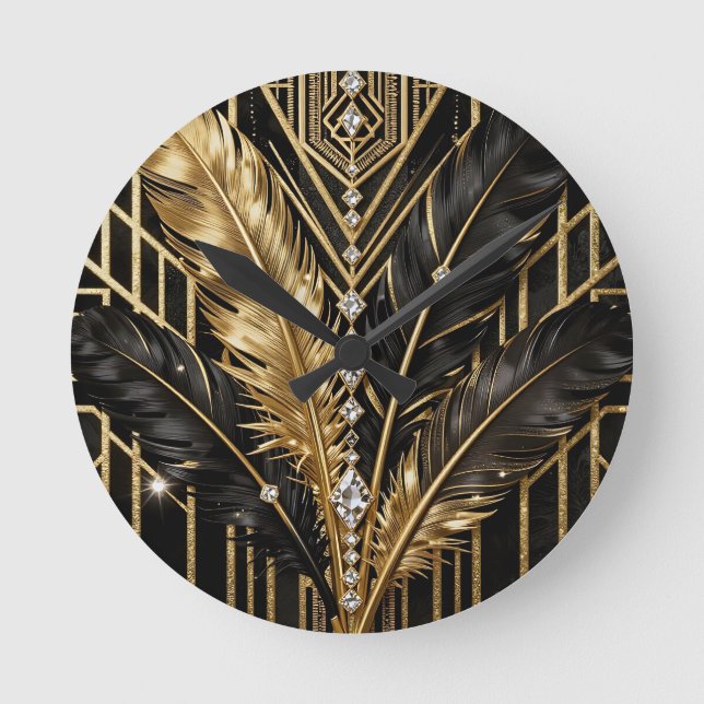 Relógio Redondo Art Deco Preto Dourado Penas (Frente)