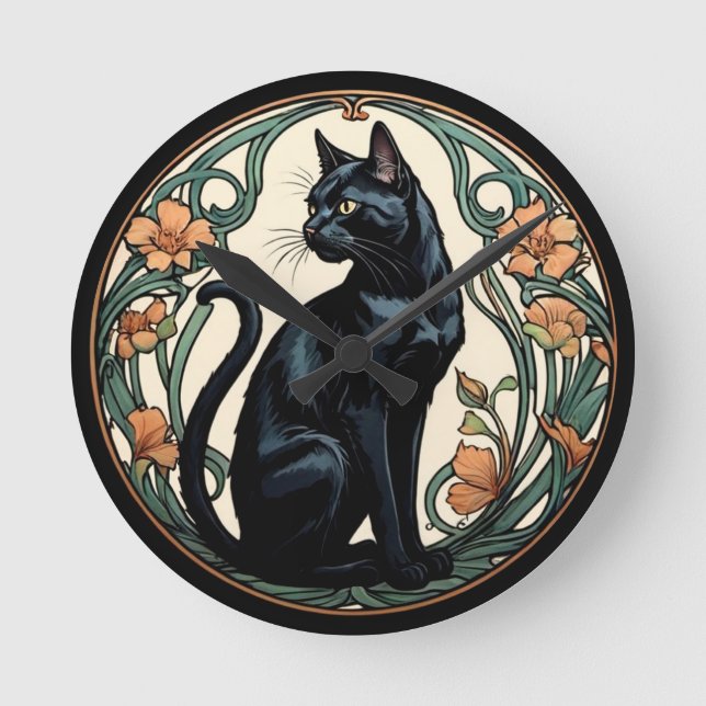 Relógio Redondo Art Nouveau Black Cat (Frente)