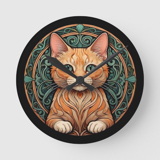Relógio Redondo Art Nouveau Ginger Cat (Frente)