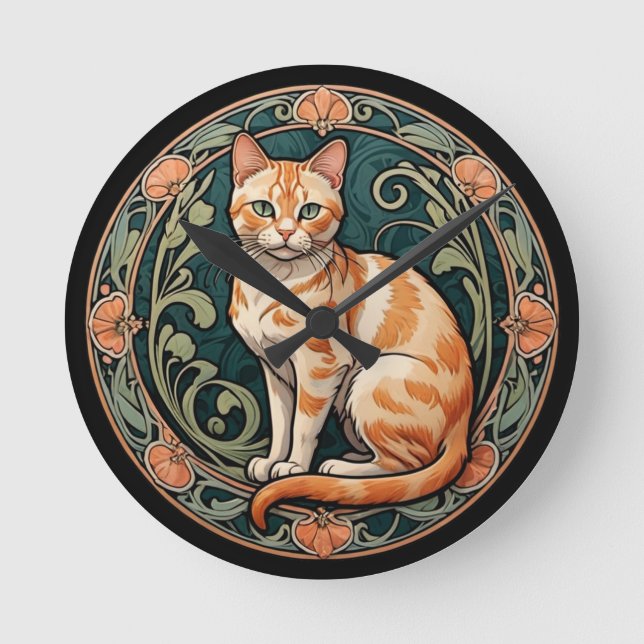 Relógio Redondo Art Nouveau Ginger Cat (Frente)