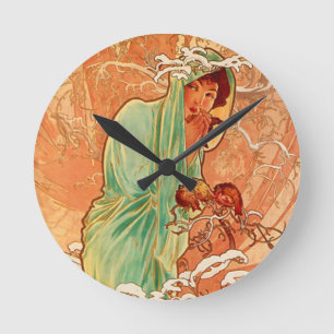 Relógio Redondo Arte Alphonse Mucha Art Nouveau Inverno