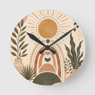 Relógio Redondo Arte Botânica e Sol Boho