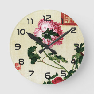 Relógio Redondo Arte da Flor de Peônia Rosa Chinesa Vintage