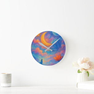 Relógio Redondo Arte de aquarela Fantasia da Lua e Estrela Sonhado