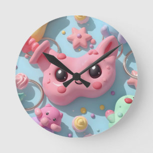 Relógio Redondo Arte de Fantasia de Criatura Kawaii Pastel