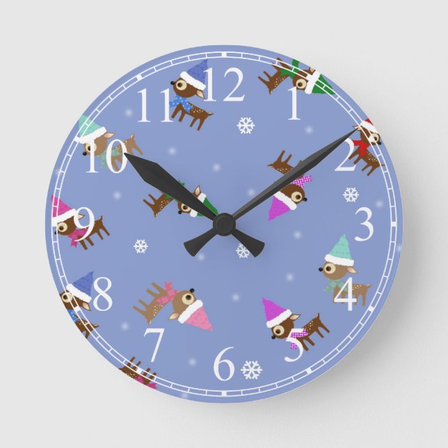 Relógio Redondo Arte de Férias de Renas de Natal Fofa (Frente)
