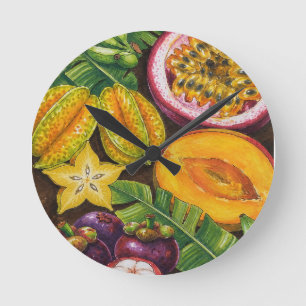 Relógio Redondo Arte de Frutas Tropicais Decoração de Cozinha Ex