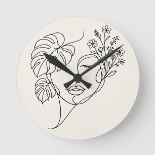 Relógio Redondo Arte de Linha Facial Floral Monstera
