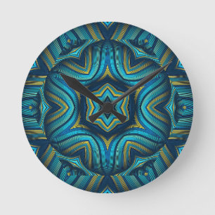 Relógio Redondo Arte de Mandala Azul e Amarelo Abstrato Impression