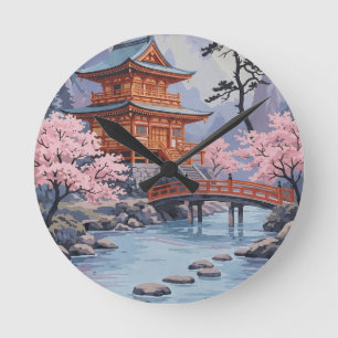 Relógio Redondo Arte de Paisagem de Cerejeira em Pagode Japonesa