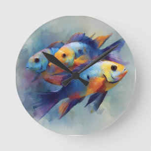 Relógio Redondo Arte de Parede em Tela Tríptico de Peixes Tropicai
