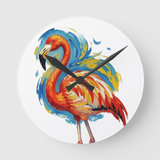 Relógio Redondo Arte de Pássaro com Pincelada Abstrata de Flamingo (Frente)