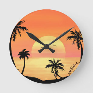 Relógio Redondo Arte de Silhueta de Palmeira no Pôr do Sol na Prai