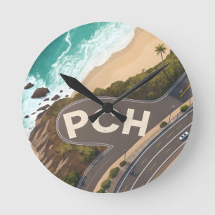 Relógio Redondo Arte de Viagem Aéreo da Pacific Coast Highway