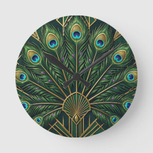 Relógio Redondo Arte Deco de penas de pavão esmeralda verde dourad