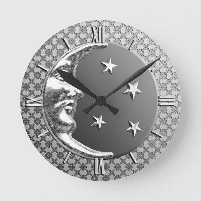 Relógio Redondo Arte Deco Lua e Estrelas, Cinzas Hematitas e Prata (Frente)