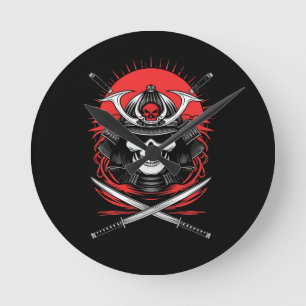 Relógio Redondo Arte do Guerreiro Samurai Crânio Sol Nascente