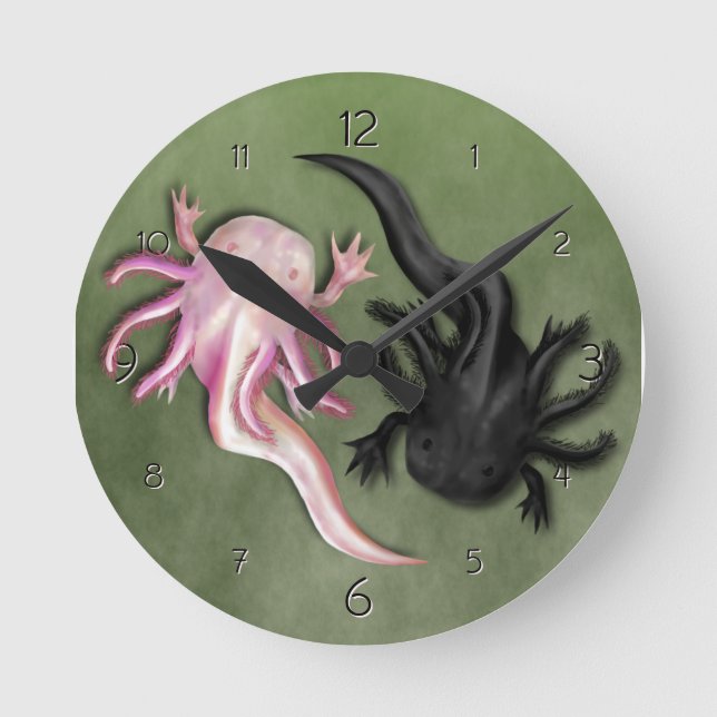 Relógio Redondo Arte dos Axolotls em preto e branco (Frente)