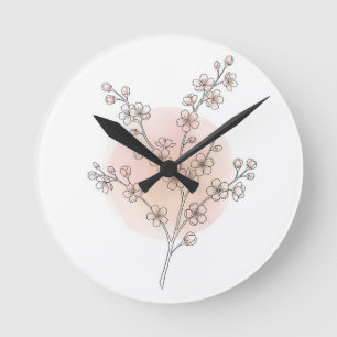 Relógio Redondo Arte em Linha de Flor de Cerejeira Rosa Água-marin