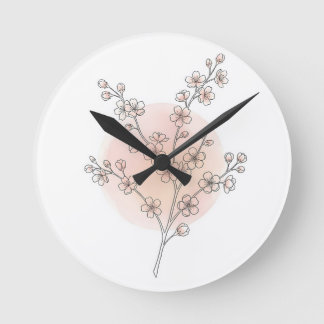 Relógio Redondo Arte em Linha de Flor de Cerejeira Rosa Água-marin
