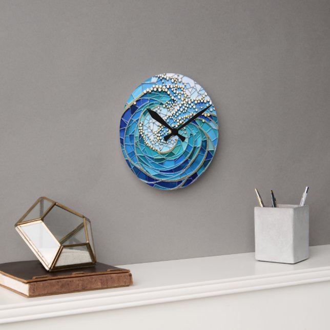 Relógio Redondo Arte em Mosaico do Mar de Ondas (Escritório)