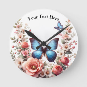 Relógio Redondo Arte Floral de Borboleta Azul Personalizável-96279