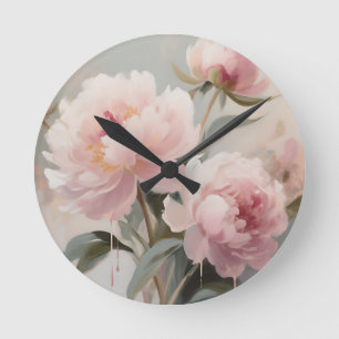 Relógio Redondo Arte Floral de Peônias Rosa Suave