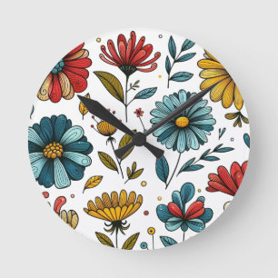Relógio Redondo Arte Folclórica Retro Floral