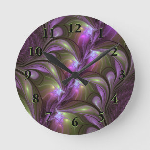Relógio Redondo Arte Fractal Abstrata Colorida Violeta Roxo Caqui