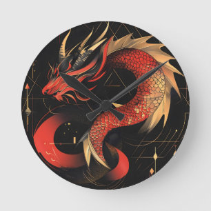 Relógio Redondo Arte Majestosa Vermelha e Dourada do Dragão Chinês