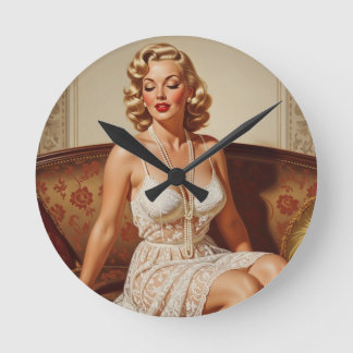 Relógio Redondo Arte pin-up linda loira dos anos 50