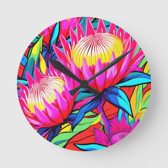 Relógio Redondo Arte Pop Vibrante de Protea (Frente)